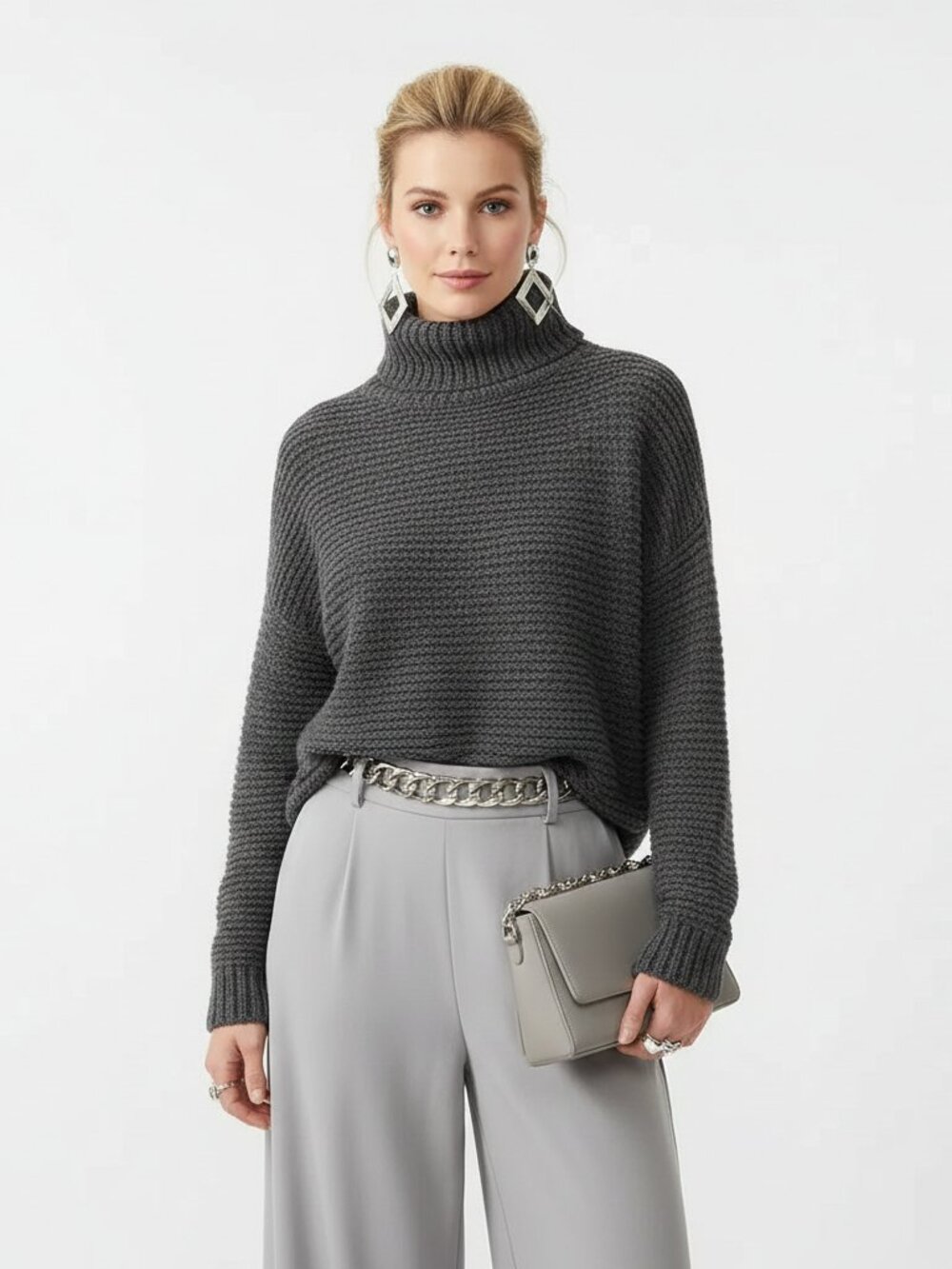 Anthropologie Gray Cowl Neck Long Sleeve Cropped Oversized Chunky Sweater XS